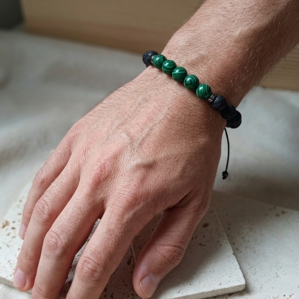 Green Malachite Bead Bracelet with Black Accents